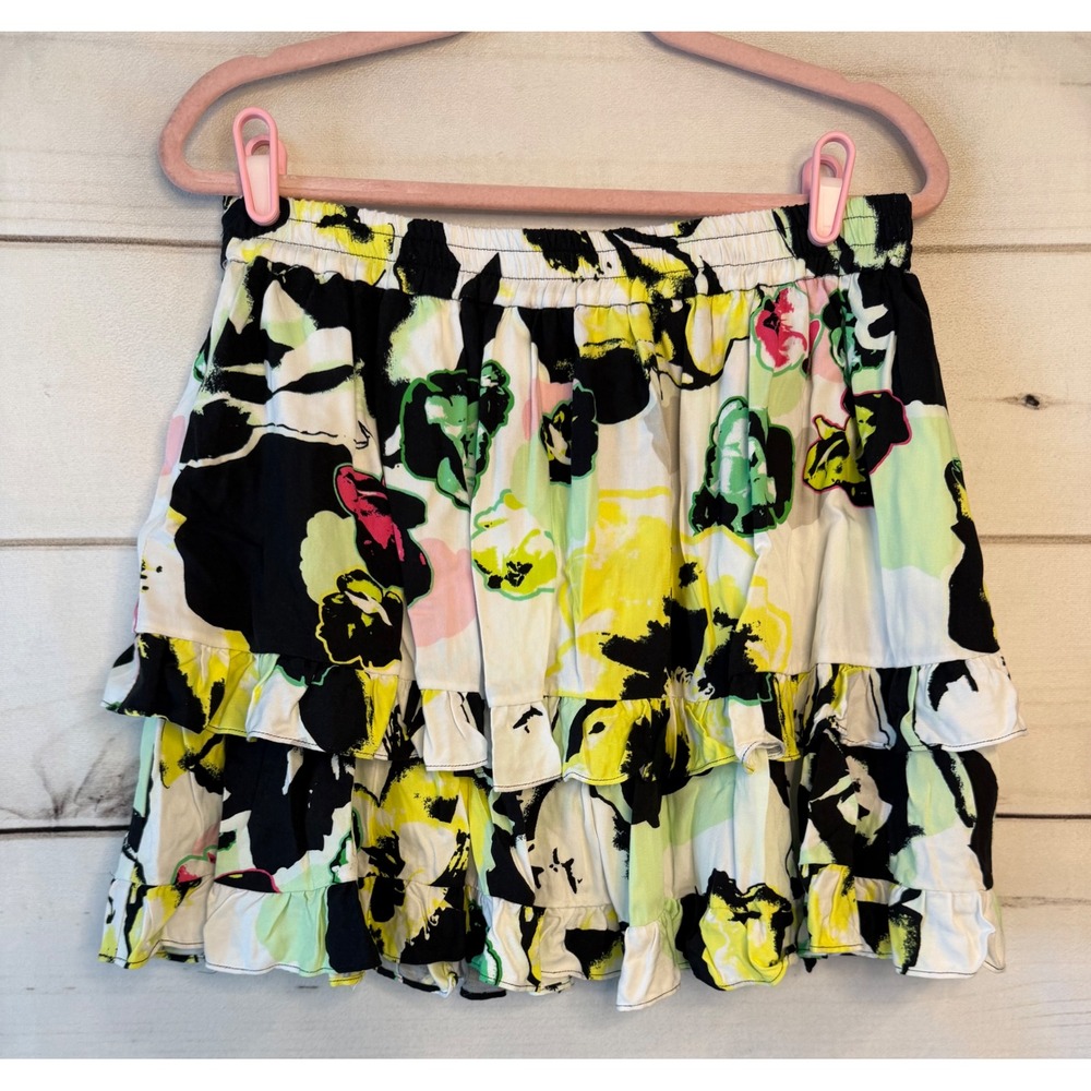 Peter Som Womens Abstract Floral Tiered Ruffle Mini Skirt Yellow Green Black L